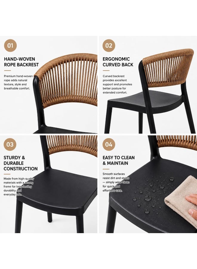 Marcolo Chair Without Arms, Outdoor Plastic Dining Chair, Weather & UV Resistant Patio Chair for Balcony, Garden, Kitchen & Indoor Outdoor Use, Modern Rope-Style Design, 41x53.5x82cm (Black) - Image 5