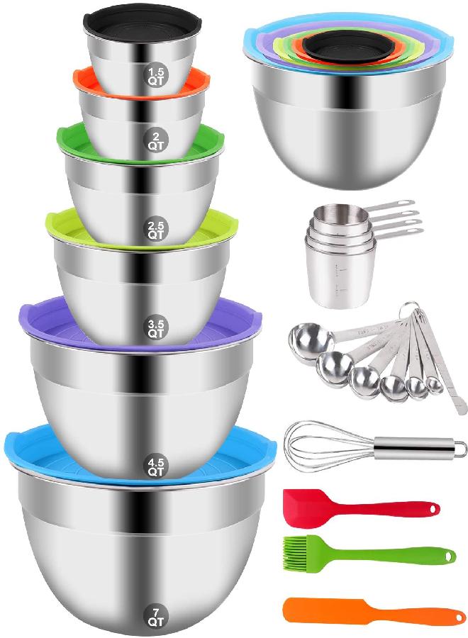 WEPSEN Mixing Bowls with Lid Set, 27PCS Kitchen Utensils Metal Bowl Stainless Steel Nesting Bowls, Measuring Cups and Spoons, Egg Whisk for Baking - Image 2