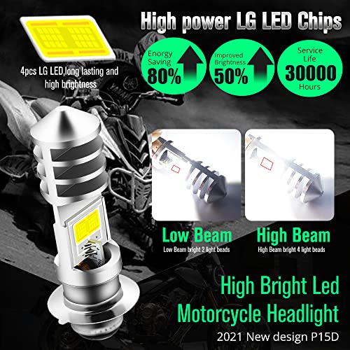 N.C AC/DC 9-48V P15D LED Bulb,1800LM Super Bright H6M ATV LED Headlight Bulbs,4xCOB Chips Hi/Lo Beam Replement for Motorcycle,Yamaha,ATVS YFM350 450 400 660 700 Raptor.2-Pack., Silver - Image 2