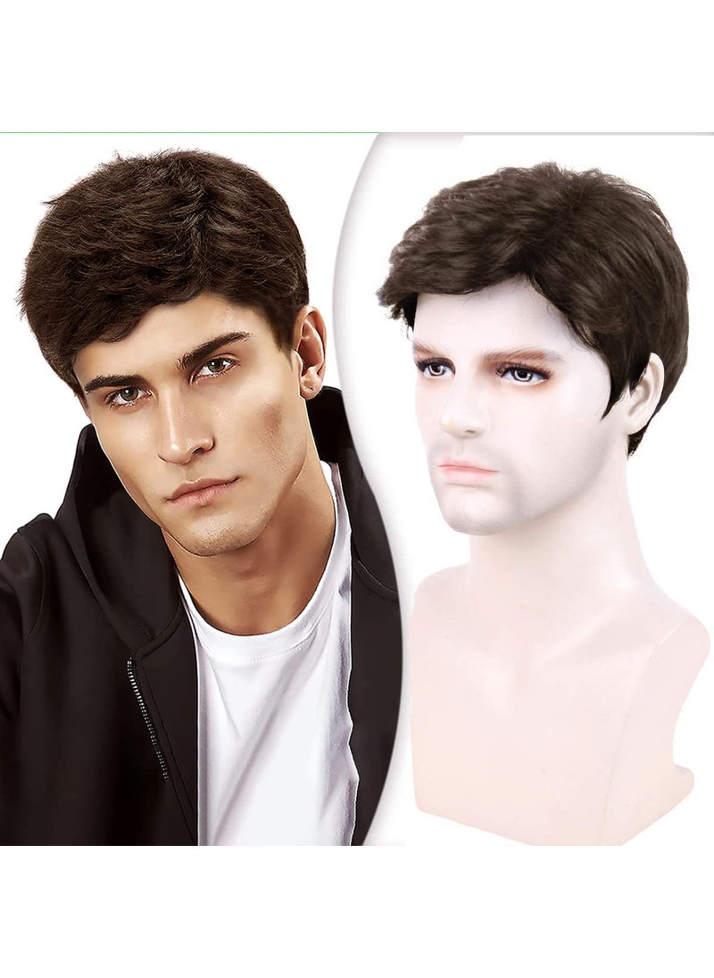creamily - Creamily Mens Short Brown Wig Mens Curly Wigs Layered Natural Fluffy Synthetic Hair Wig Heat Resistant Halloween Costume Cosplay Wigs for Men Hair Replacement Wigs Daily - Image 1