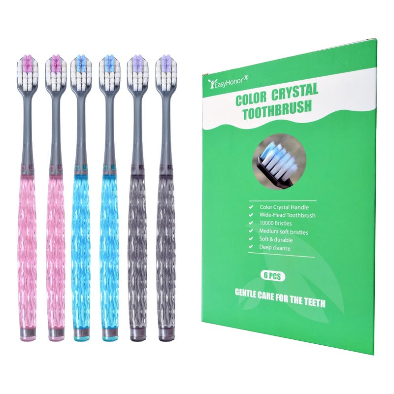 EasyHonor Soft Toothbrushes Adult Medium Bristle Toothbrushes with Fashion Color Crystal NonSlip Handle and WideHead and Square Hole Bristles Soft Toothbrush for Sensitive Gums 6 Pack