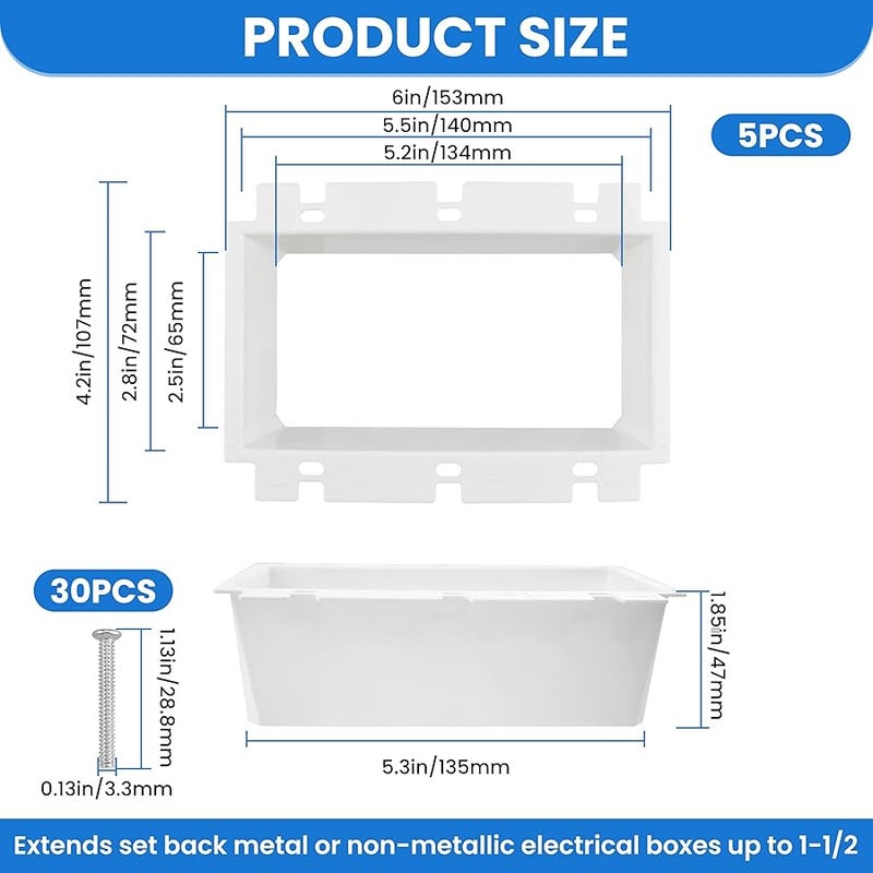 5Pcs BE3-3 Electrical Box Extender, 3-Gang Outlet Box Extender with 30 Screws, Plastic Electric Box Extension for Three Gang Power Switch Receptacles, Power Outlet Accessories (White) - Image 2