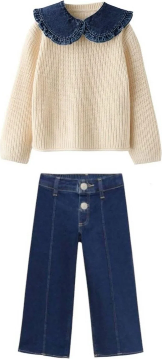 Miniğimin Cicileri My Little Ones Knitwear Denim Collar (2-10 Years Old) Girl's 2-piece suit - Cream