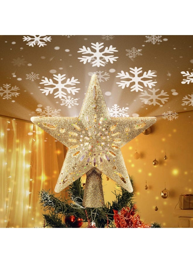 VUCATIN Christmas Star Tree Topper with Built-in Led Snowflake Projector Lights Hollowed Pentagram Tree Topper Plug in Christmas Tree Ornament for Indoor Xmas New Year Holiday Tree Decoration Gold - Image 1