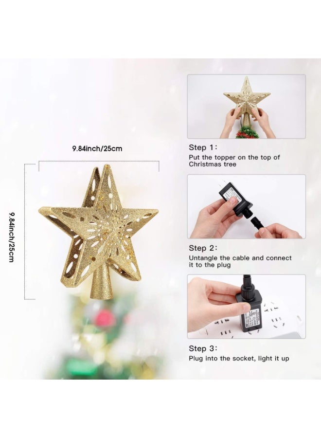 VUCATIN Christmas Star Tree Topper with Built-in Led Snowflake Projector Lights Hollowed Pentagram Tree Topper Plug in Christmas Tree Ornament for Indoor Xmas New Year Holiday Tree Decoration Gold - Image 5