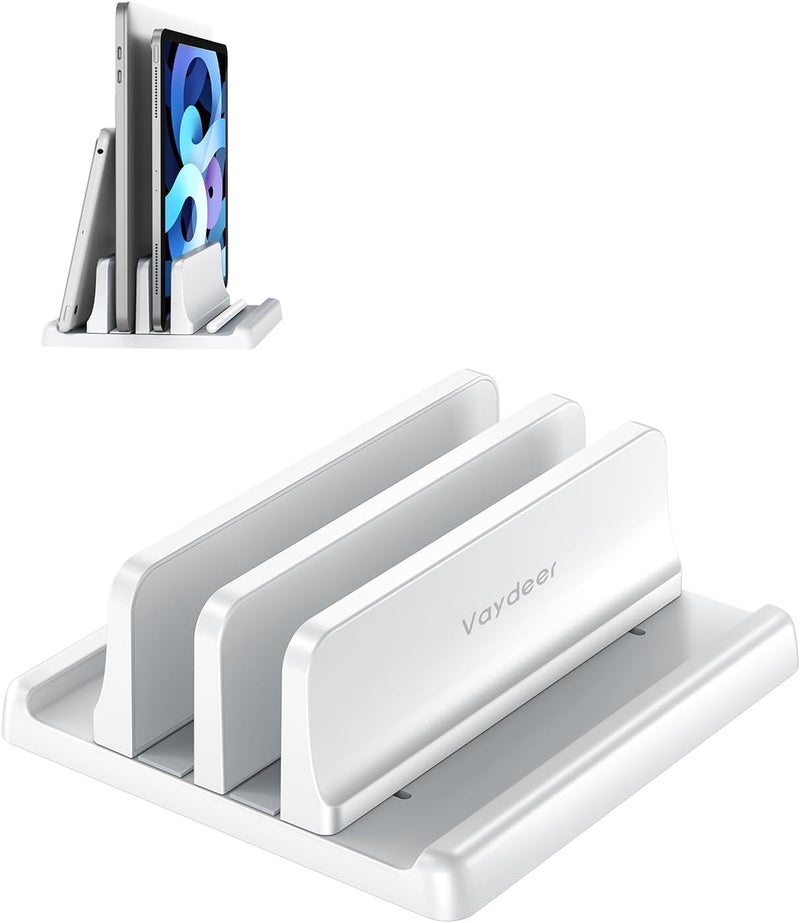 Vaydeer Vertical Laptop Stand for Desk, Dual Slots Plastic Laptop Holder with Space Saving 4-in-1 Design, Adjustable Laptop Stand Supports MacBook, Chromebook, Surface, Dell (White) - Image 1