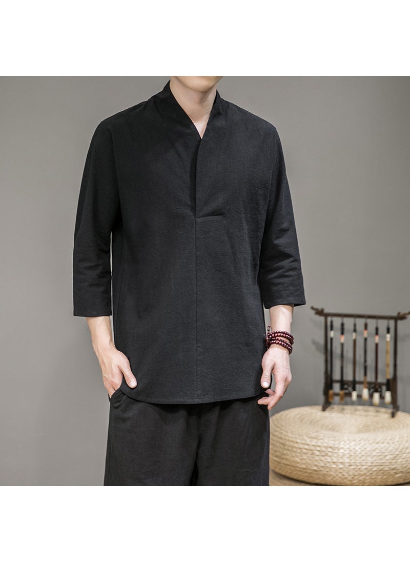Generic Hanfu Seven-point Sleeve Inner Shirt Mens Loose Chinese-style T-shirt Inner Shirt Top Ancient Suit Base Shirt Seven-point Sleeve Inner Shirt Chubby Black  - Image 1