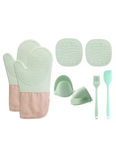 Generic Extra Long Silicone Oven Mitts and Pot Holders Set, Heat Resistant Mittens with Mini Gloves Hot Pads and Oil Brush , for Kitchen Baking Cooking  - Image 1