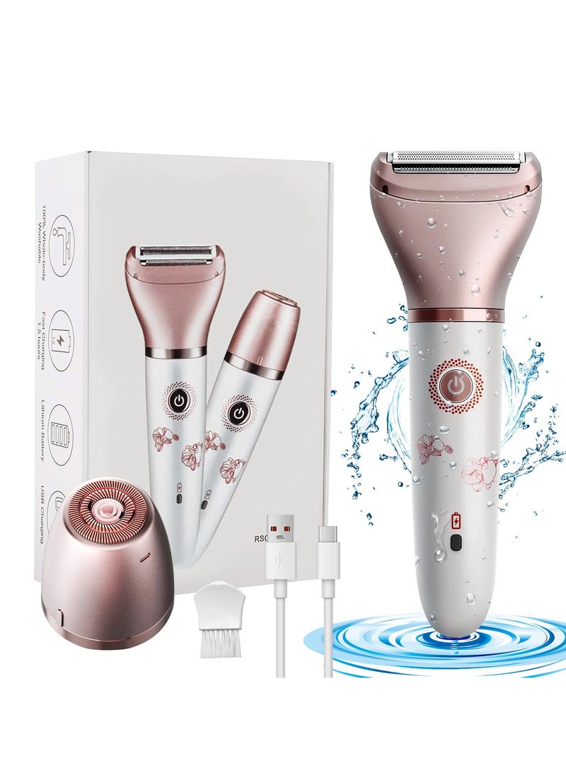 KHAJUL - 2 In 1 Painless Ladies Shaver, Electric Razor for Women, Portable Waterproof Bikini Trimmer Wet and Dry Cordless Lady Hair Removal, For Face, Leg and Underarm Epilator (White/Pink) - Image 1