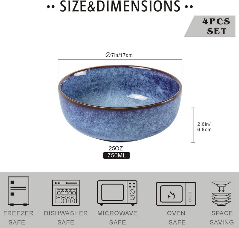 UNICASA Ceramic Cereal Soup Bowl Set 25 Ounces  Serving Bowls for Salad Fruit Pasta Dinner Microwave and Dishwasher Safe Blue - Image 4