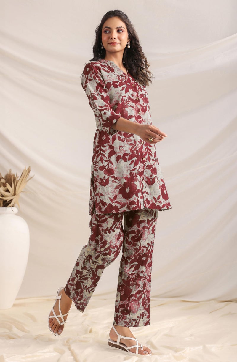Janasya Women's Maroon Pure Cotton Floral Printed Straight Co-ord Set (JAC24CD01645-M) - Image 3