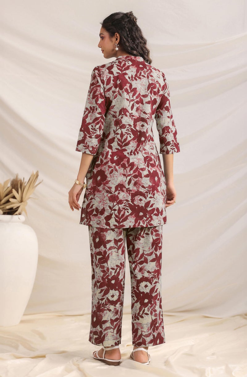 Janasya Women's Maroon Pure Cotton Floral Printed Straight Co-ord Set (JAC24CD01645-M) - Image 4