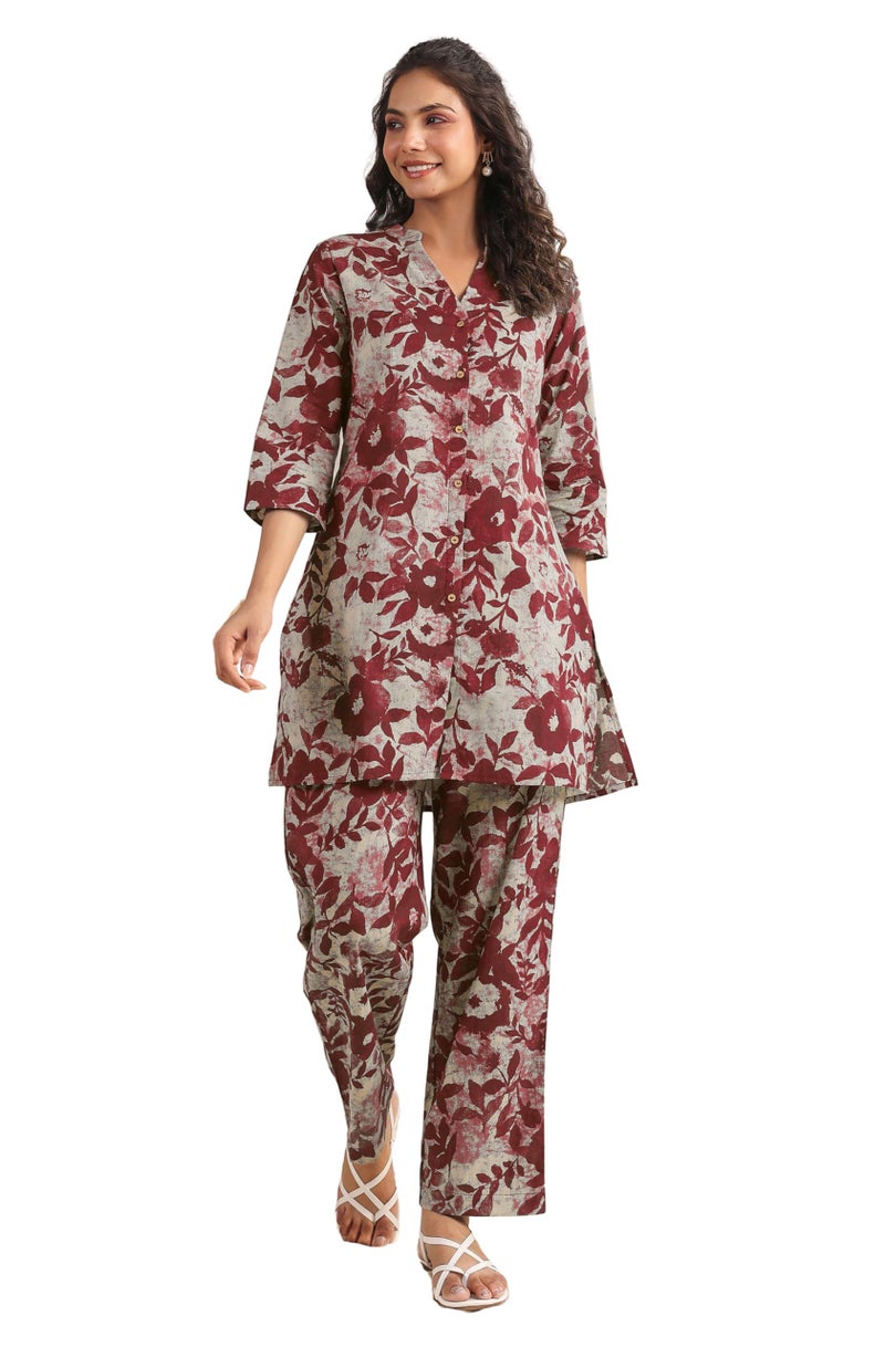 Janasya Women's Maroon Pure Cotton Floral Printed Straight Co-ord Set (JAC24CD01645-M) - Image 1