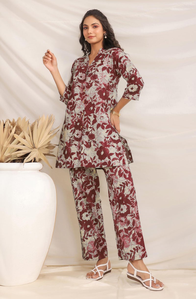 Janasya Women's Maroon Pure Cotton Floral Printed Straight Co-ord Set (JAC24CD01645-M) - Image 2