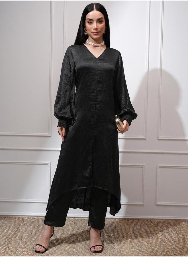 Vishudh Black Satin V-Neck Puffed Sleeves A-Line Kurta with Trousers by Styli  - Image 2
