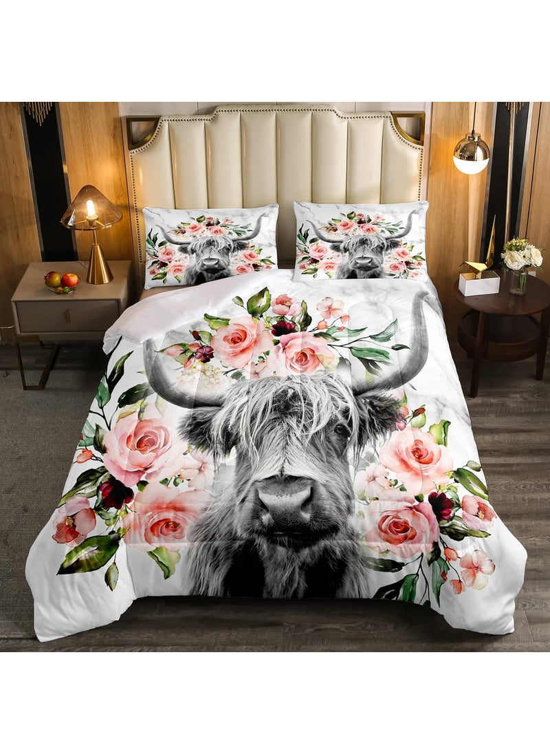 Erosebridal Erosebridal Highland Cow Flower Comforter Set Queen Size Bull Cattle Bedding Set Western Funny Animal Bedding Set Wildlife Farmhouse Cow Quilt Set Rose Grey Marble Comforter Set 