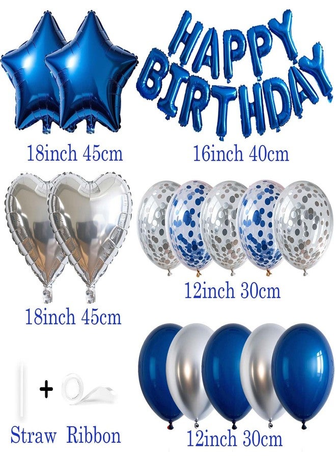 WEIKA 27 Pcs Blue Silver Birthday Decorations, 3D Letters Blue Happy Birthday Balloon Banner, Pentagram Heart Foil Balloons Confetti Balloons Kit For Boys Girls Party Supplies - Image 2