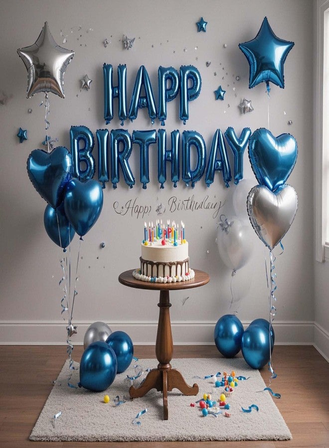WEIKA 27 Pcs Blue Silver Birthday Decorations, 3D Letters Blue Happy Birthday Balloon Banner, Pentagram Heart Foil Balloons Confetti Balloons Kit For Boys Girls Party Supplies - Image 3