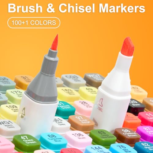 AnyMark Alcohol Markers Brush Tip, 100+1 Colors Dual Tip Brush & Chisel Alcohol-Based Art Markers Set with Case for Adult Artists Drawing Coloring - Image 2