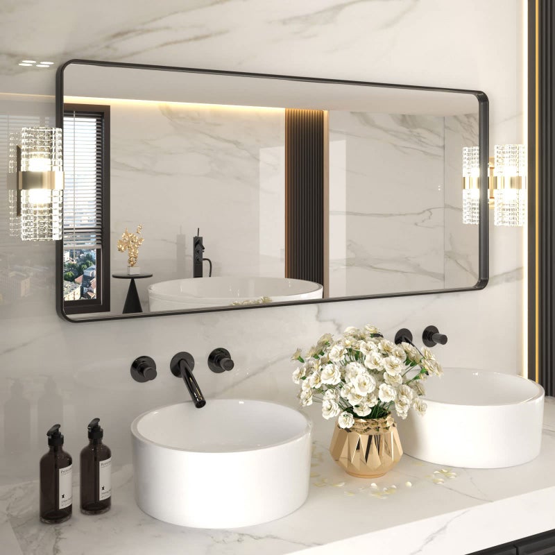 LOAAO 60X28 Inch Black Metal Framed Bathroom Mirror for Wall Matte Black Bathroom Vanity Mirror Farmhouse Large Rounded Rectangle Mirror AntiRust Tempered Glass Hangs Horizontally or Vertically