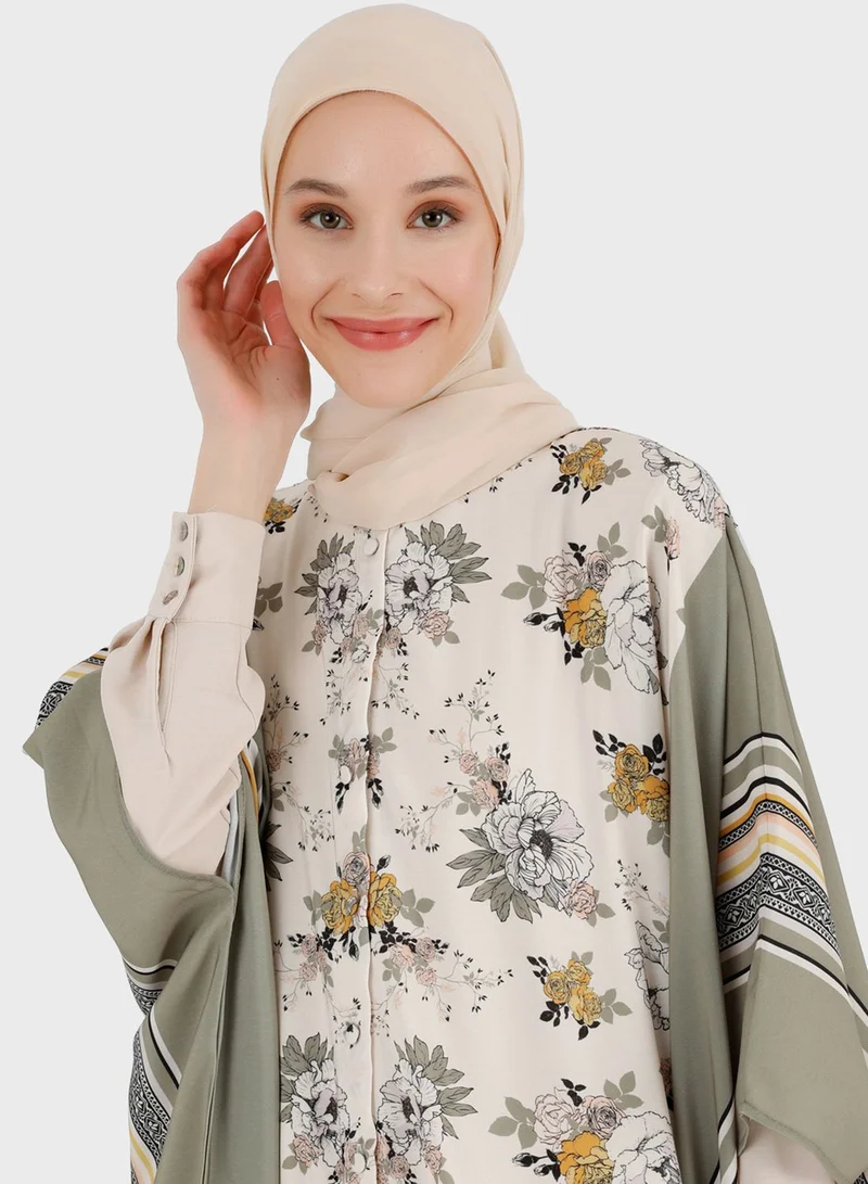 Refka by modanisa Floral Print Cape Sleeve Abaya