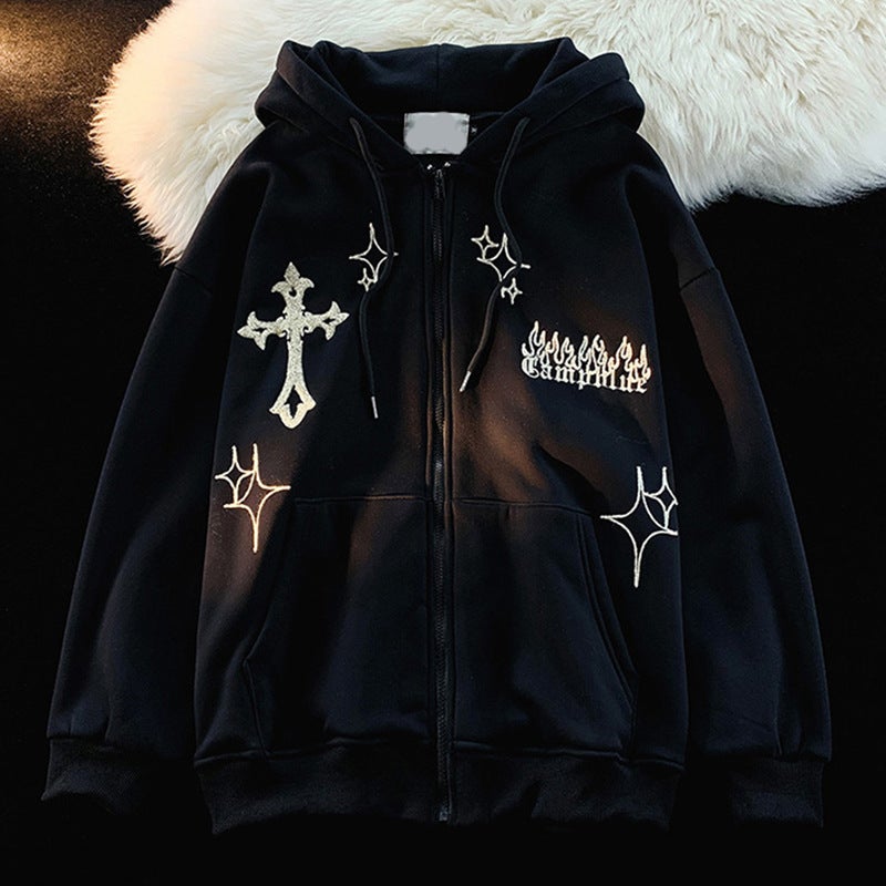 American Style Trendy Brand Embroidered Sport Jacket Oversize Couple Top Cardigan Hooded Sweatshirt Men Spring Autumn Casual Loo Black 