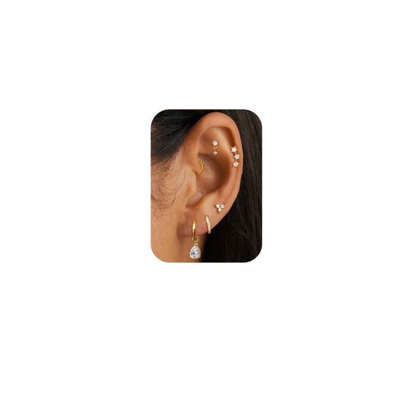 Fansilver Hypoallergenic Gold Earrings for Women Trendy - Cartilage Chain Earring Stacks - Surgical Stainless Steel Flat back Stud Earrings - Small Gold Hoops With CZ Charms - Dainty Stud Huggie Earring Sets for Multiple Piercing G1 - Image 1