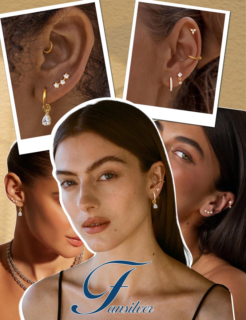 Fansilver Hypoallergenic Gold Earrings for Women Trendy - Cartilage Chain Earring Stacks - Surgical Stainless Steel Flat back Stud Earrings - Small Gold Hoops With CZ Charms - Dainty Stud Huggie Earring Sets for Multiple Piercing G1 - Image 2