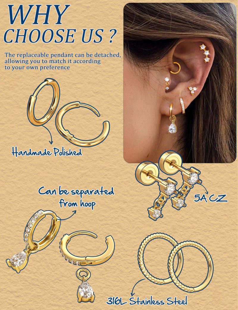 Fansilver Hypoallergenic Gold Earrings for Women Trendy - Cartilage Chain Earring Stacks - Surgical Stainless Steel Flat back Stud Earrings - Small Gold Hoops With CZ Charms - Dainty Stud Huggie Earring Sets for Multiple Piercing G1 - Image 4