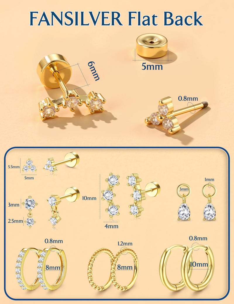 Fansilver Hypoallergenic Gold Earrings for Women Trendy - Cartilage Chain Earring Stacks - Surgical Stainless Steel Flat back Stud Earrings - Small Gold Hoops With CZ Charms - Dainty Stud Huggie Earring Sets for Multiple Piercing G1 - Image 3