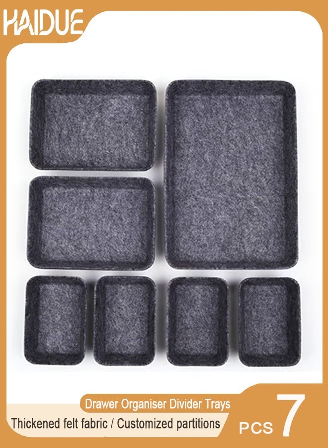 Haidue 7 PCS Drawer Organiser Divider Trays, Office Desk Organizer Drawer Trays, Dresser Divider Bins, Separators Drawer Divider for Kitchen Cutlery, Makeup, Office, Baby, Jewelries, Pens (Dark Grey) - Image 1