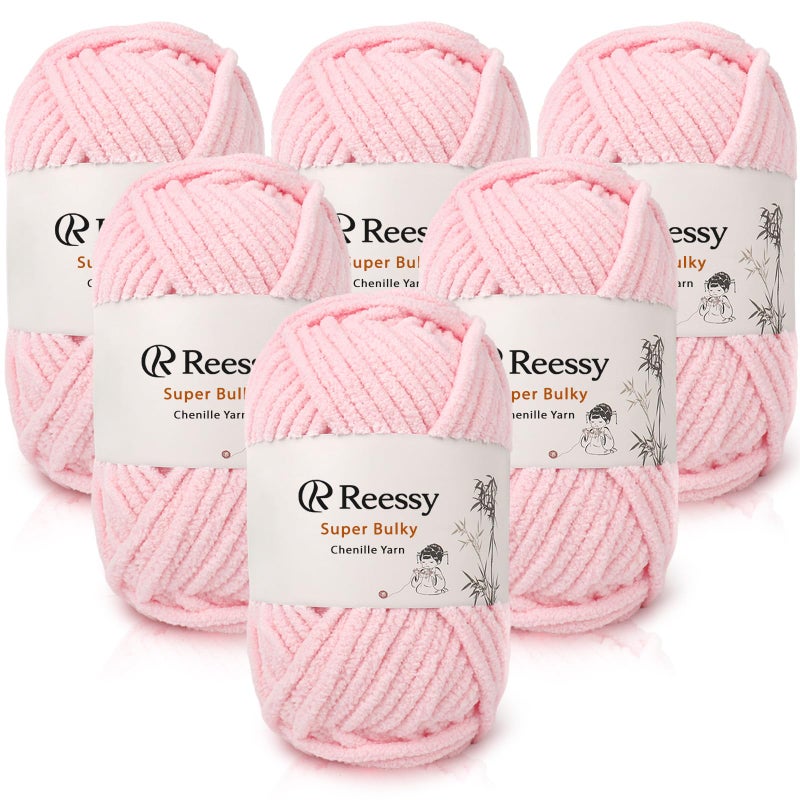 Reessy Super Bulky Chenille Yarn â€“ 6 Pack of 100g (Total 600g) - CYC #6 Super Bulky 5mm Thick â€“ Extra Soft Plush Chunky Yarn for Crocheting â€“ Matte Chenille for Baby Blankets, Toys & Hats(Pink) - Image 1