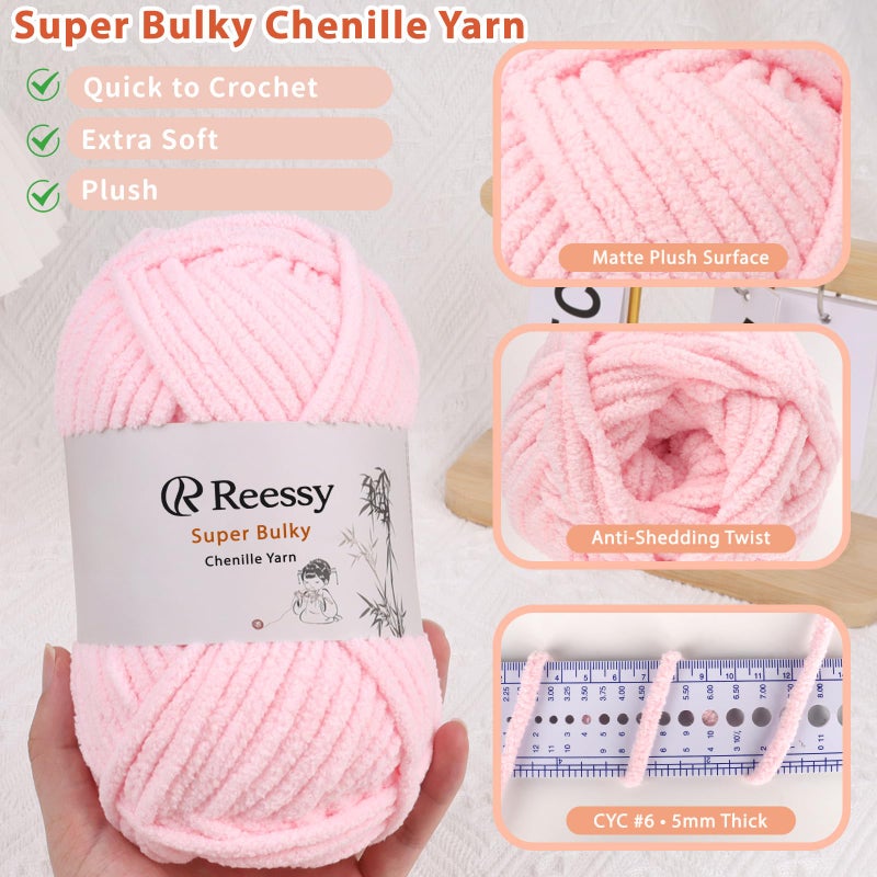 Reessy Super Bulky Chenille Yarn â€“ 6 Pack of 100g (Total 600g) - CYC #6 Super Bulky 5mm Thick â€“ Extra Soft Plush Chunky Yarn for Crocheting â€“ Matte Chenille for Baby Blankets, Toys & Hats(Pink) - Image 2