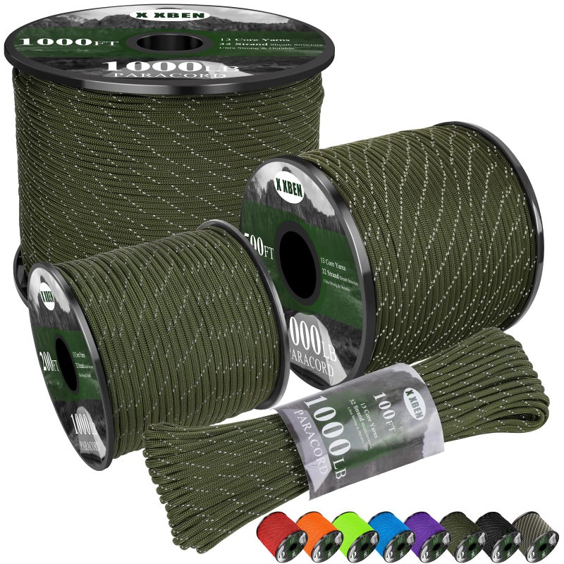 X XBEN Paracord Reflective 1000lb 501002005001000ft 4mm 13 Strand Paracord Rope Tactical Parachute Cord for Camping Fishing Clothesline Hammock Tent Survival Bracelet Army Green - Image 2