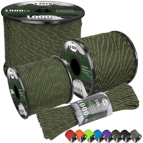 X XBEN Paracord Reflective 1000lb 501002005001000ft 4mm 13 Strand Paracord Rope Tactical Parachute Cord for Camping Fishing Clothesline Hammock Tent Survival Bracelet Army Green - Image 1