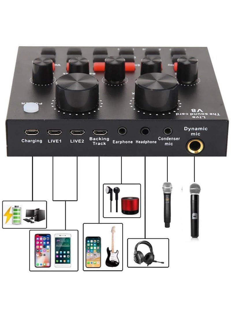 Festive Gallery Professional Condenser Microphone and V8S Live Sound Card Bluetooth Sound Mixer Board 3.5mm Audio Interface Live Sound Card with 16 Sound Effects 6 Connecting Methods Dual DSP Noise Reduction Chip For Live Streaming Recording Game PC, Voice Changer - Audio Interface -Perfect for Recording, Singing, Streaming and Gaming (V8S-Black)  - Image 3
