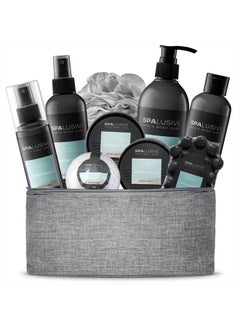 SpaLusive Luxury Home Spa Gift Basket for Men | 10-Piece Spa Kit with Hair & Body Wash, Hydrating Body Lotion, Cedarwood Soap, Bath Salts, Loofah in Cool Travel Toiletry Bag | Fathers Day for Men