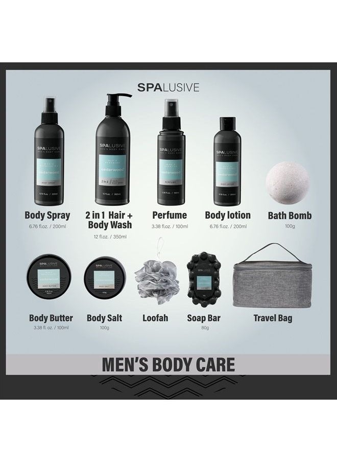 SPALUSIVE - SpaLusive Luxury Home Spa Gift Basket for Men | 10-Piece Spa Kit with Hair & Body Wash, Hydrating Body Lotion, Cedarwood Soap, Bath Salts, Loofah in Cool Travel Toiletry Bag | Fathers Day for Men - Image 1