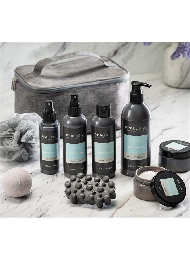 SPALUSIVE - SpaLusive Luxury Home Spa Gift Basket for Men | 10-Piece Spa Kit with Hair & Body Wash, Hydrating Body Lotion, Cedarwood Soap, Bath Salts, Loofah in Cool Travel Toiletry Bag | Fathers Day for Men - Image 1