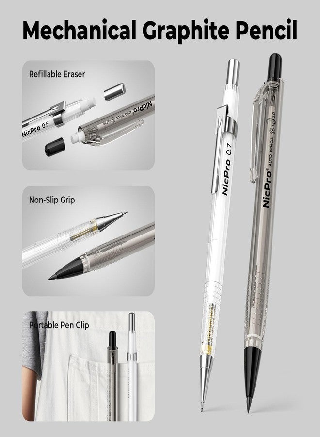 نيكبرو مجموعة أقلام رصاص ميكانيكية فنية من نيكبرو، 6 قطع، مع حافظة، أقلام رسم هندسي بمقاسات 0.5 و0.7 و0.9 مم، و3 حوامل رصاص 2 مم (ألوان 4B و2B وHB و2H) للكتابة الفنية والرسم والتخطيط، مع عبوات رصاص بديلة وممحاة. - Image 3