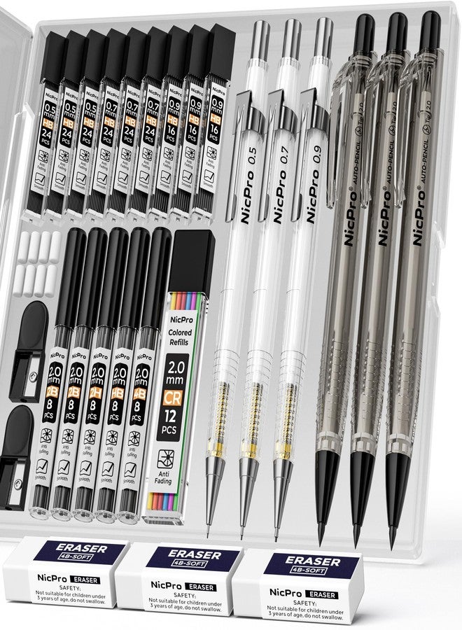 نيكبرو مجموعة أقلام رصاص ميكانيكية فنية من نيكبرو، 6 قطع، مع حافظة، أقلام رسم هندسي بمقاسات 0.5 و0.7 و0.9 مم، و3 حوامل رصاص 2 مم (ألوان 4B و2B وHB و2H) للكتابة الفنية والرسم والتخطيط، مع عبوات رصاص بديلة وممحاة. - Image 1