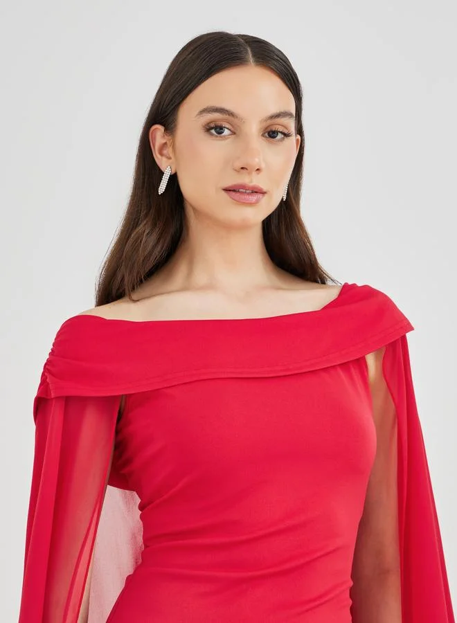 Take Two Solid Off Shoulder Neck Cape Sleeve Bodycon Maxi Dress