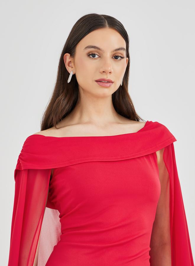 Take Two Solid Off Shoulder Neck Cape Sleeve Bodycon Maxi Dress - Image 4