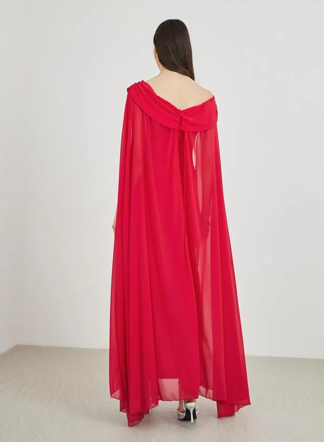 Take Two Solid Off Shoulder Neck Cape Sleeve Bodycon Maxi Dress