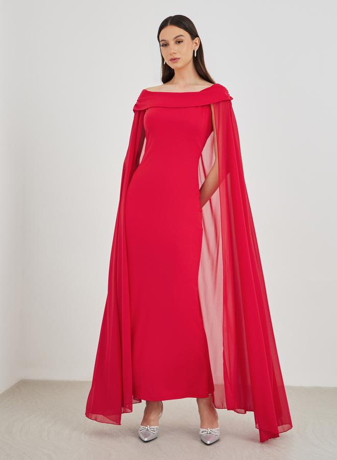 Take Two Solid Off Shoulder Neck Cape Sleeve Bodycon Maxi Dress - Image 2