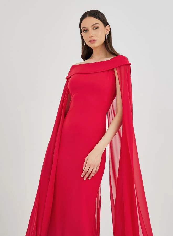 Take Two Solid Off Shoulder Neck Cape Sleeve Bodycon Maxi Dress