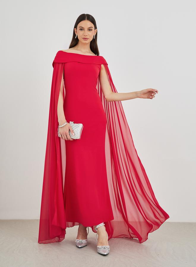 Take Two Solid Off Shoulder Neck Cape Sleeve Bodycon Maxi Dress - Image 1