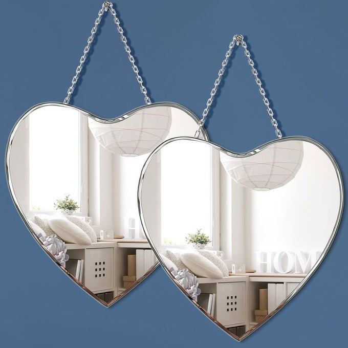 HEART SHAPED MIRROR WITH IRON CHAIN FOR WALL DECOR 12X12 INCH 2 PACK WALL HANG REAL GLASS FRAMELESS DECORATIVE ACCENT MIRROR GLAM MIRROR