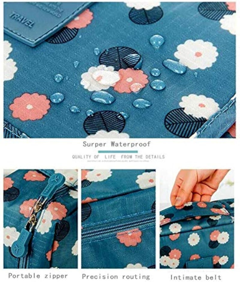 Travel Cosmetic Makeup Case Wash Organizer, ABTRIX WITH AB Women Make Up Storage Pouch Waterproof Household Grooming Kit with Handle for Women Innerwear Organizer, Blue Flowers, 23X17X8 cm, ABT00BAG - Image 4