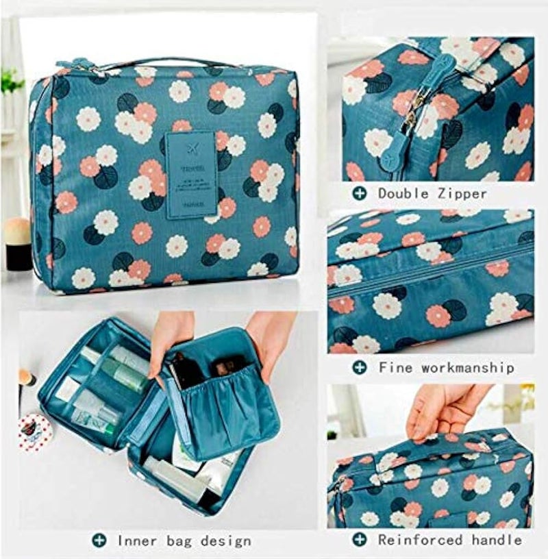 Travel Cosmetic Makeup Case Wash Organizer, ABTRIX WITH AB Women Make Up Storage Pouch Waterproof Household Grooming Kit with Handle for Women Innerwear Organizer, Blue Flowers, 23X17X8 cm, ABT00BAG - Image 5